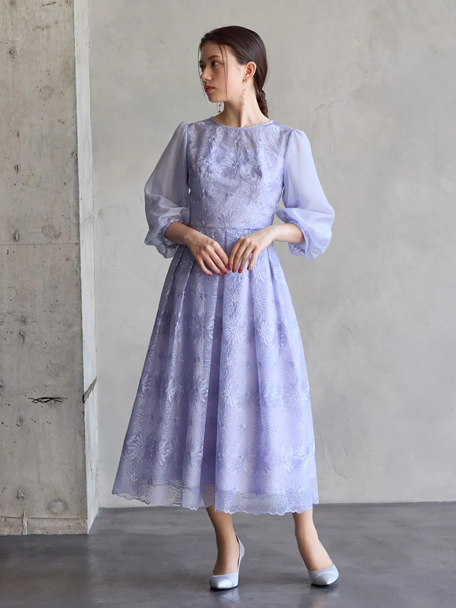 オーガンジー花柄刺繍ボリュームスリーブドレス