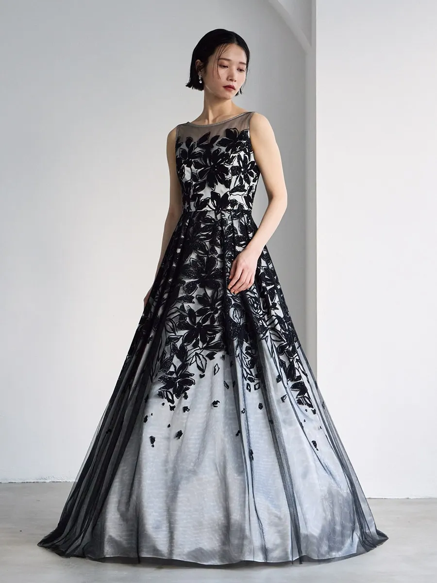 luxe flower/チュール×ラメフロッキーロングドレス